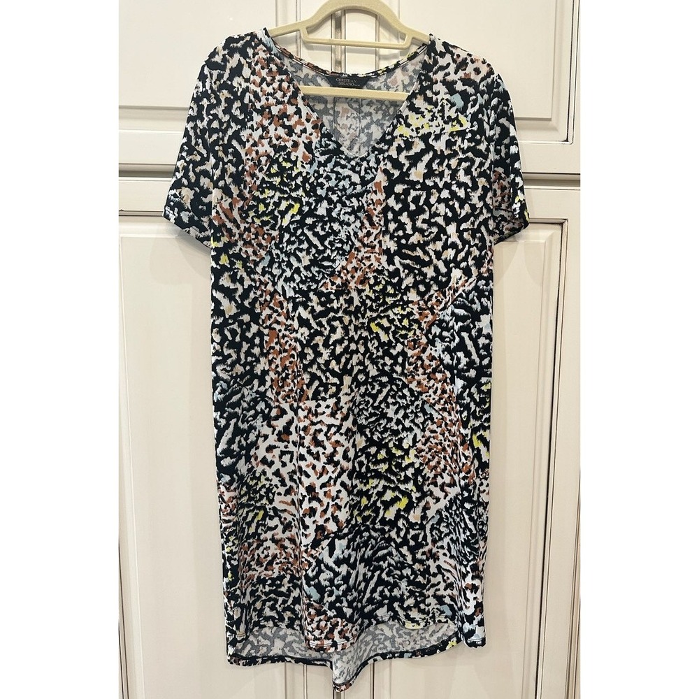 Christian Siriano New York Womens Abstract Animal Print V-Neck Shift Dress Large